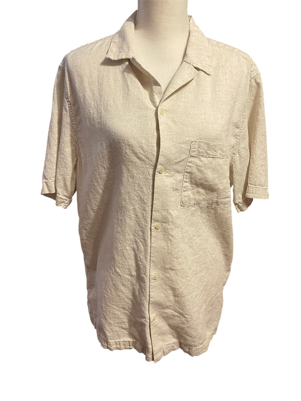 H&M Men Linen Blend Short Sleeve Button Up Camp Shirt Beige Size L Summer Boho